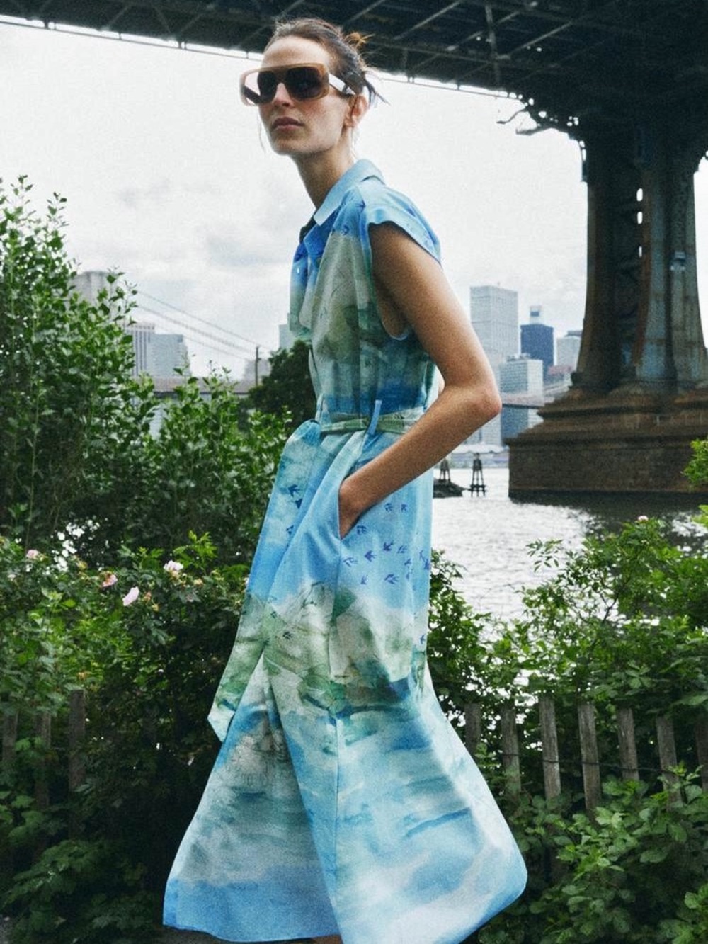 Zara Japanese Nature Watercolor Bird Print belted Midi Shirt Dress - XS